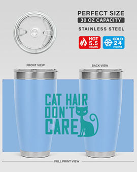 Cat Hair Don't Care tumbler in stainless steel with a fun design, perfect for hot and cold beverages.