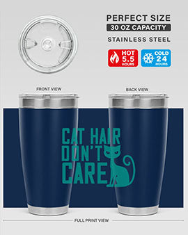 Cat Hair Don't Care tumbler in stainless steel with a fun design, perfect for hot and cold beverages.