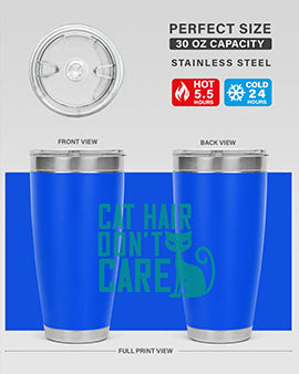Cat Hair Don't Care tumbler in stainless steel with a fun design, perfect for hot and cold beverages.