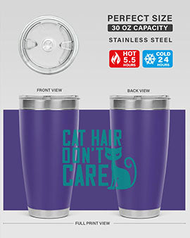 Cat Hair Don't Care tumbler in stainless steel with a fun design, perfect for hot and cold beverages.