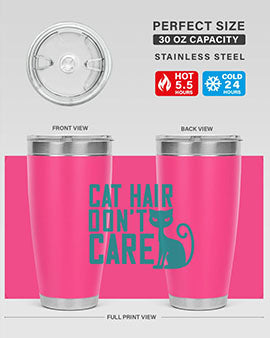 Cat Hair Don't Care tumbler in stainless steel with a fun design, perfect for hot and cold beverages.