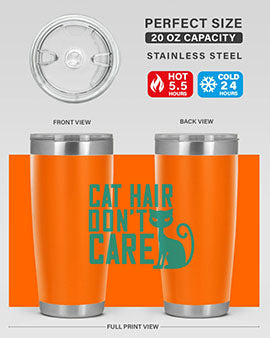 Cat Hair Don't Care tumbler in stainless steel with a fun design, perfect for hot and cold beverages.