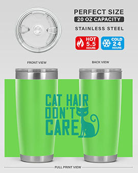 Cat Hair Don't Care tumbler in stainless steel with a fun design, perfect for hot and cold beverages.