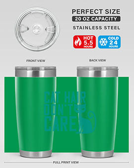 Cat Hair Don't Care tumbler in stainless steel with a fun design, perfect for hot and cold beverages.