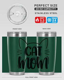 Cat Mom Style 85# Tumbler in stainless steel with a charming cat design, showcasing its double wall vacuum insulation and drink-thru lid.
