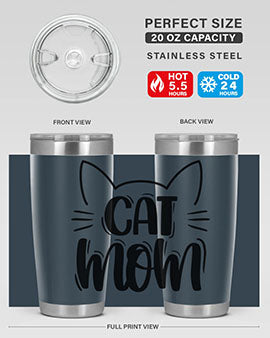 Cat Mom Style 85# Tumbler in stainless steel with a charming cat design, showcasing its double wall vacuum insulation and drink-thru lid.