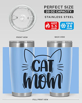 Cat Mom Style 85# Tumbler in stainless steel with a charming cat design, showcasing its double wall vacuum insulation and drink-thru lid.