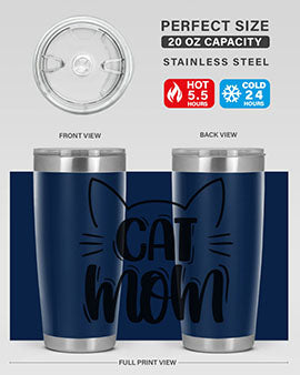Cat Mom Style 85# Tumbler in stainless steel with a charming cat design, showcasing its double wall vacuum insulation and drink-thru lid.