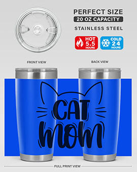 Cat Mom Style 85# Tumbler in stainless steel with a charming cat design, showcasing its double wall vacuum insulation and drink-thru lid.