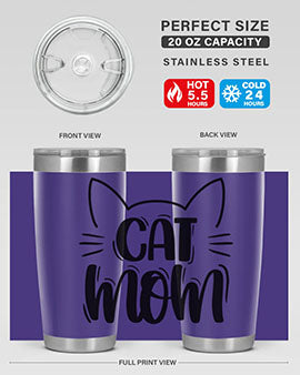 Cat Mom Style 85# Tumbler in stainless steel with a charming cat design, showcasing its double wall vacuum insulation and drink-thru lid.