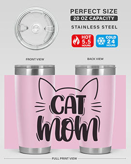 Cat Mom Style 85# Tumbler in stainless steel with a charming cat design, showcasing its double wall vacuum insulation and drink-thru lid.