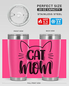 Cat Mom Style 85# Tumbler in stainless steel with a charming cat design, showcasing its double wall vacuum insulation and drink-thru lid.