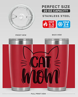 Cat Mom Style 85# Tumbler in stainless steel with a charming cat design, showcasing its double wall vacuum insulation and drink-thru lid.
