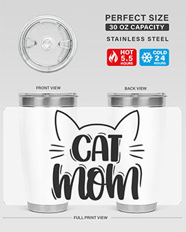 Cat Mom Style 85# Tumbler in stainless steel with a charming cat design, showcasing its double wall vacuum insulation and drink-thru lid.