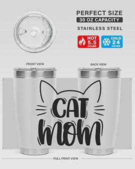 Cat Mom Style 85# Tumbler in stainless steel with a charming cat design, showcasing its double wall vacuum insulation and drink-thru lid.