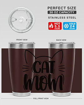 Cat Mom Style 85# Tumbler in stainless steel with a charming cat design, showcasing its double wall vacuum insulation and drink-thru lid.
