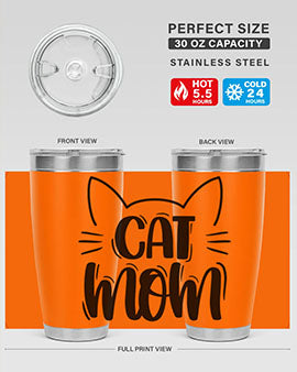 Cat Mom Style 85# Tumbler in stainless steel with a charming cat design, showcasing its double wall vacuum insulation and drink-thru lid.