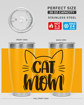 Cat Mom Style 85# Tumbler in stainless steel with a charming cat design, showcasing its double wall vacuum insulation and drink-thru lid.