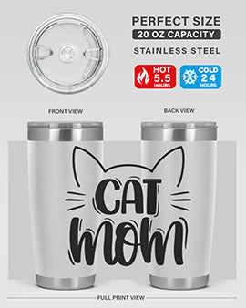 Cat Mom Style 85# Tumbler in stainless steel with a charming cat design, showcasing its double wall vacuum insulation and drink-thru lid.