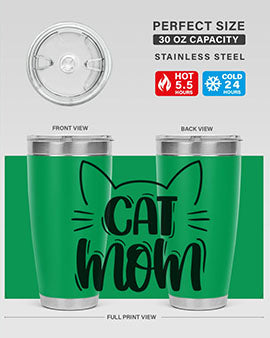 Cat Mom Style 85# Tumbler in stainless steel with a charming cat design, showcasing its double wall vacuum insulation and drink-thru lid.