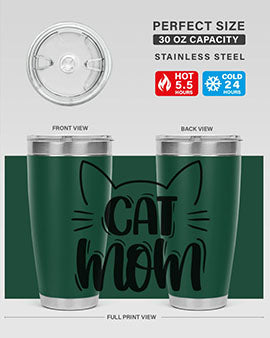 Cat Mom Style 85# Tumbler in stainless steel with a charming cat design, showcasing its double wall vacuum insulation and drink-thru lid.