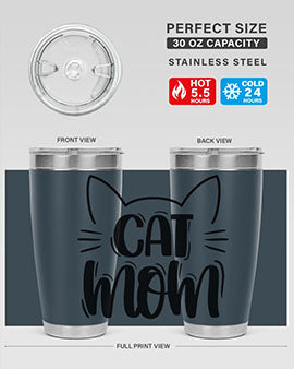 Cat Mom Style 85# Tumbler in stainless steel with a charming cat design, showcasing its double wall vacuum insulation and drink-thru lid.