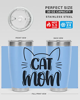 Cat Mom Style 85# Tumbler in stainless steel with a charming cat design, showcasing its double wall vacuum insulation and drink-thru lid.