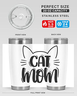 Cat Mom Style 85# Tumbler in stainless steel with a charming cat design, showcasing its double wall vacuum insulation and drink-thru lid.