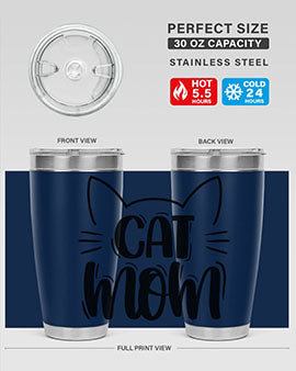 Cat Mom Style 85# Tumbler in stainless steel with a charming cat design, showcasing its double wall vacuum insulation and drink-thru lid.