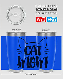 Cat Mom Style 85# Tumbler in stainless steel with a charming cat design, showcasing its double wall vacuum insulation and drink-thru lid.