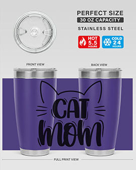 Cat Mom Style 85# Tumbler in stainless steel with a charming cat design, showcasing its double wall vacuum insulation and drink-thru lid.