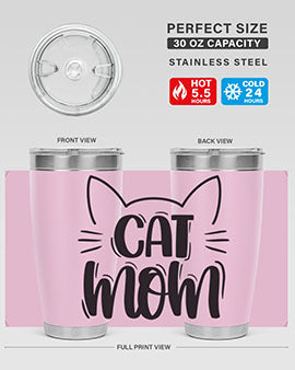 Cat Mom Style 85# Tumbler in stainless steel with a charming cat design, showcasing its double wall vacuum insulation and drink-thru lid.