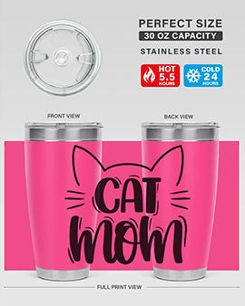 Cat Mom Style 85# Tumbler in stainless steel with a charming cat design, showcasing its double wall vacuum insulation and drink-thru lid.