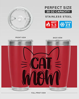 Cat Mom Style 85# Tumbler in stainless steel with a charming cat design, showcasing its double wall vacuum insulation and drink-thru lid.