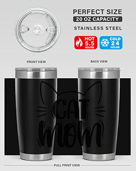 Cat Mom Style 85# Tumbler in stainless steel with a charming cat design, showcasing its double wall vacuum insulation and drink-thru lid.