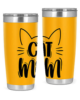 Cat Mom Style 85# Tumbler in stainless steel with a charming cat design, showcasing its double wall vacuum insulation and drink-thru lid.