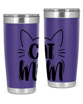 Cat Mom Style 85# Tumbler in stainless steel with a charming cat design, showcasing its double wall vacuum insulation and drink-thru lid.