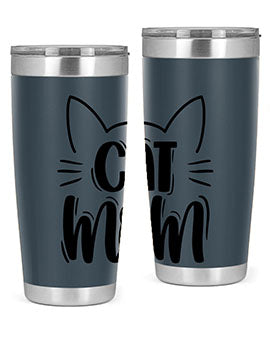 Cat Mom Style 85# Tumbler in stainless steel with a charming cat design, showcasing its double wall vacuum insulation and drink-thru lid.