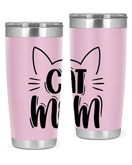 Cat Mom Style 85# Tumbler in stainless steel with a charming cat design, showcasing its double wall vacuum insulation and drink-thru lid.