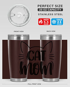 Cat Mom Style 85# Tumbler in stainless steel with a charming cat design, showcasing its double wall vacuum insulation and drink-thru lid.
