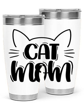 Cat Mom Style 85# Tumbler in stainless steel with a charming cat design, showcasing its double wall vacuum insulation and drink-thru lid.