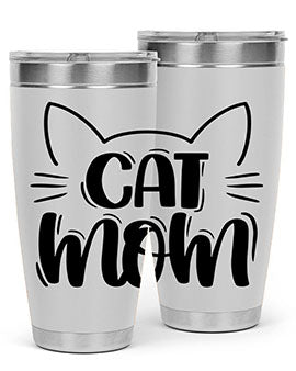Cat Mom Style 85# Tumbler in stainless steel with a charming cat design, showcasing its double wall vacuum insulation and drink-thru lid.