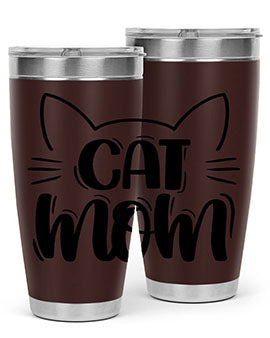 Cat Mom Style 85# Tumbler in stainless steel with a charming cat design, showcasing its double wall vacuum insulation and drink-thru lid.