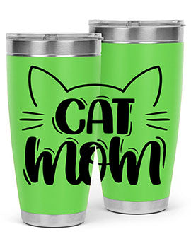 Cat Mom Style 85# Tumbler in stainless steel with a charming cat design, showcasing its double wall vacuum insulation and drink-thru lid.