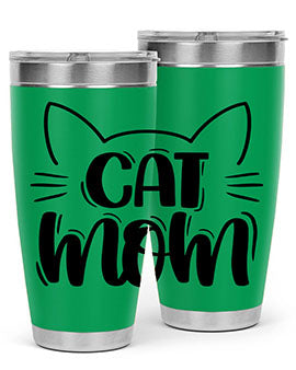 Cat Mom Style 85# Tumbler in stainless steel with a charming cat design, showcasing its double wall vacuum insulation and drink-thru lid.