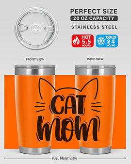 Cat Mom Style 85# Tumbler in stainless steel with a charming cat design, showcasing its double wall vacuum insulation and drink-thru lid.