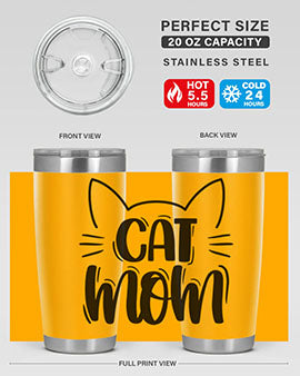 Cat Mom Style 85# Tumbler in stainless steel with a charming cat design, showcasing its double wall vacuum insulation and drink-thru lid.