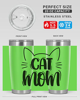Cat Mom Style 85# Tumbler in stainless steel with a charming cat design, showcasing its double wall vacuum insulation and drink-thru lid.