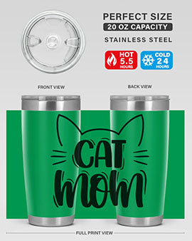 Cat Mom Style 85# Tumbler in stainless steel with a charming cat design, showcasing its double wall vacuum insulation and drink-thru lid.