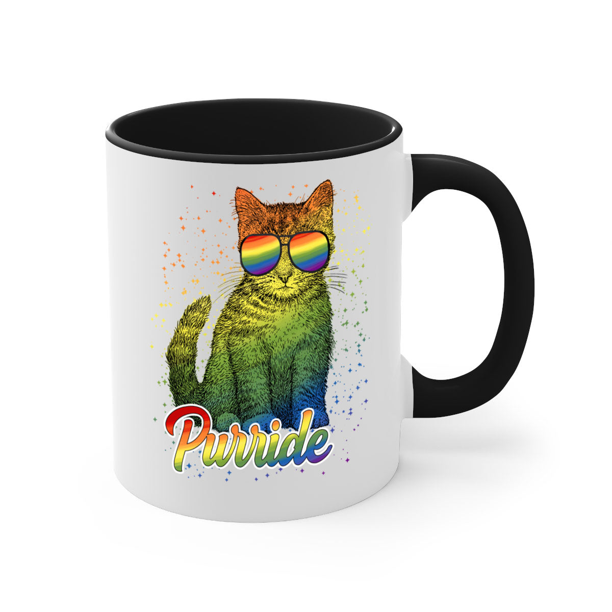 Cat Purride LGBT Flag Mug featuring a colorful design with a glossy finish and a C-shaped handle, available in multiple colors.